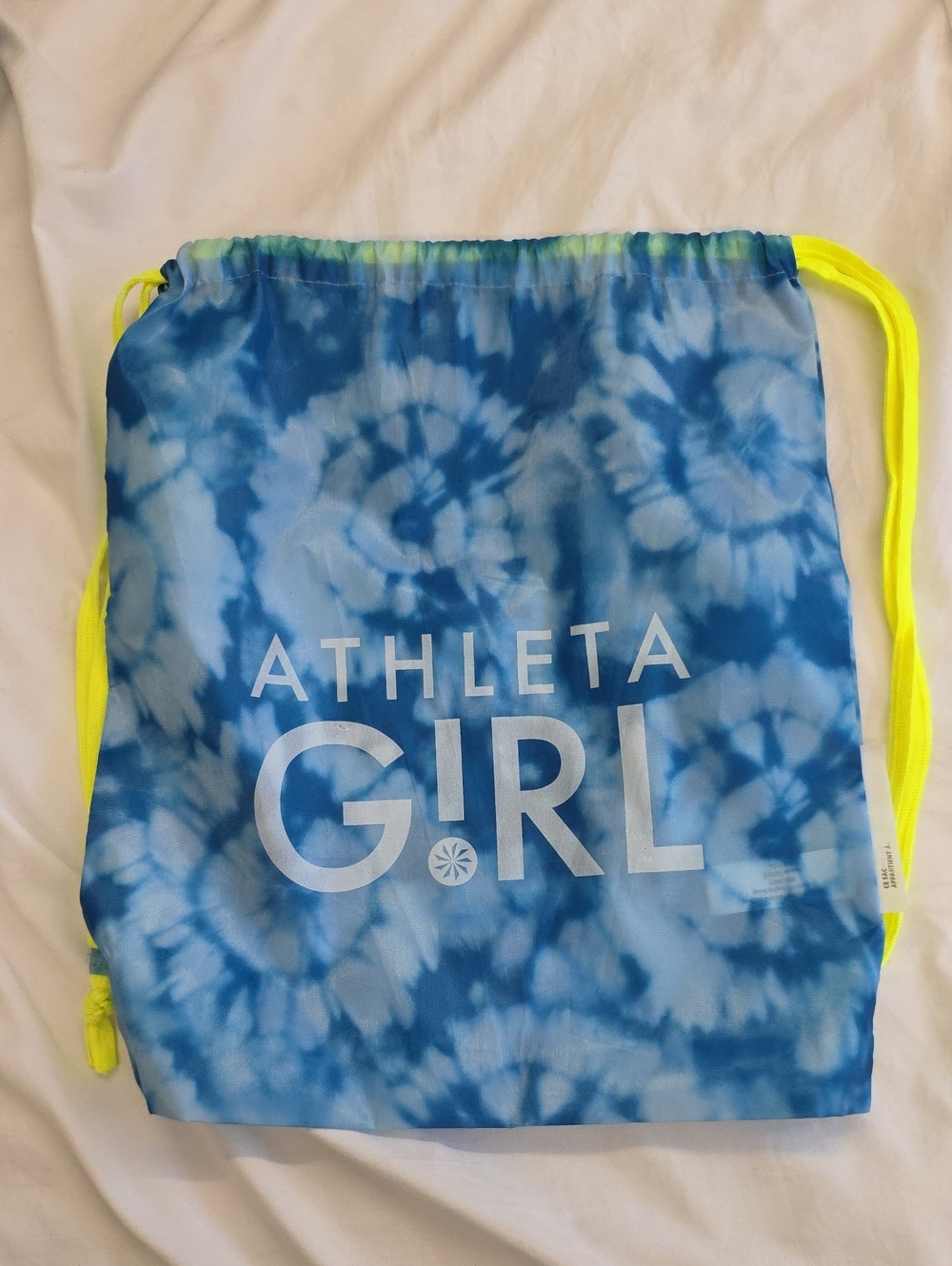 Athleta Girl Blue Tie Dye Drawstring Backpack Gym Bag Neon Yellow Cords Like New